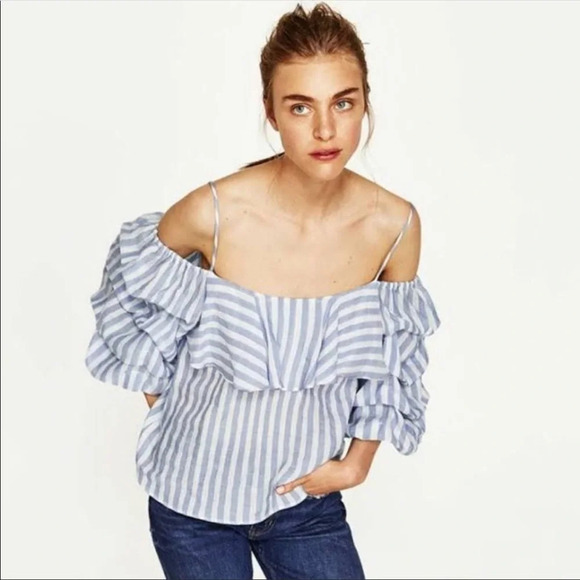 Zara blue white striped strappy off the shoulder woven top 5534 - Picture 2 of 9